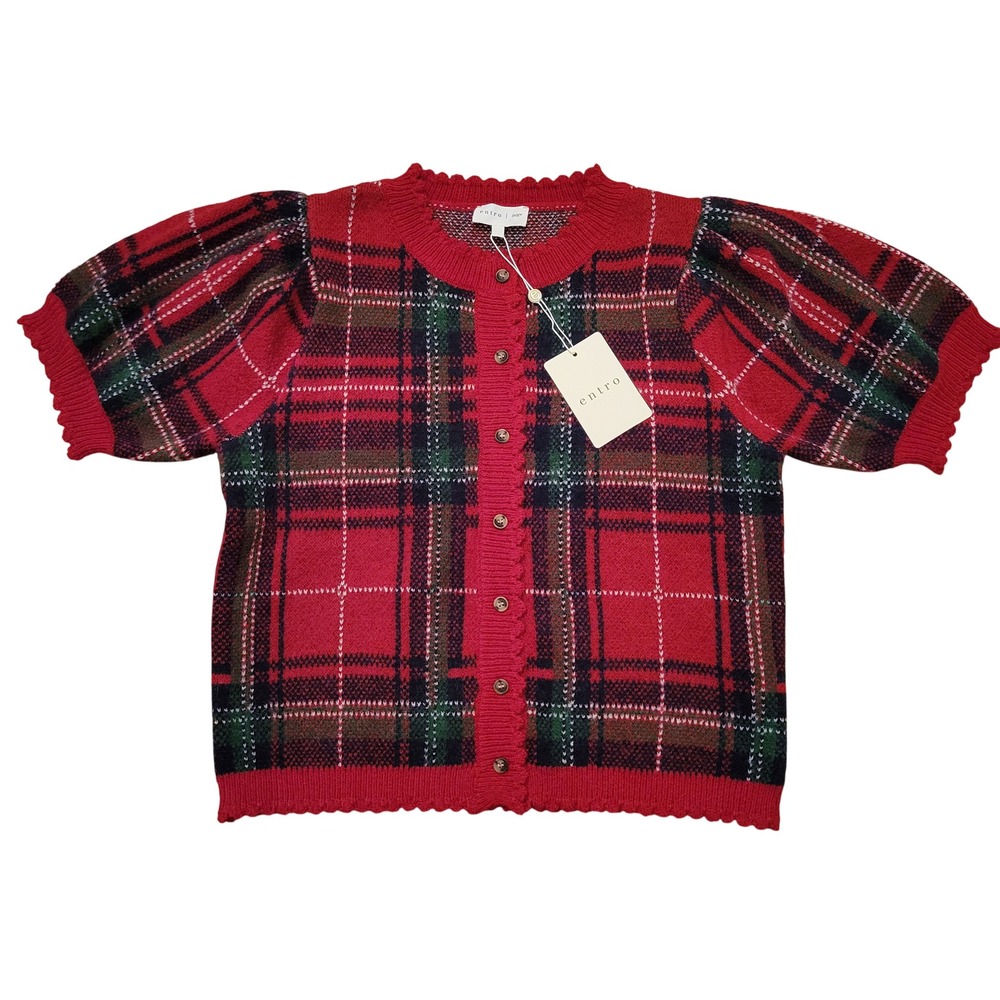 Entro L Crop Cardigan Red Plaid Puff Short Sleeve Scalloped Boxy Holiday Winter